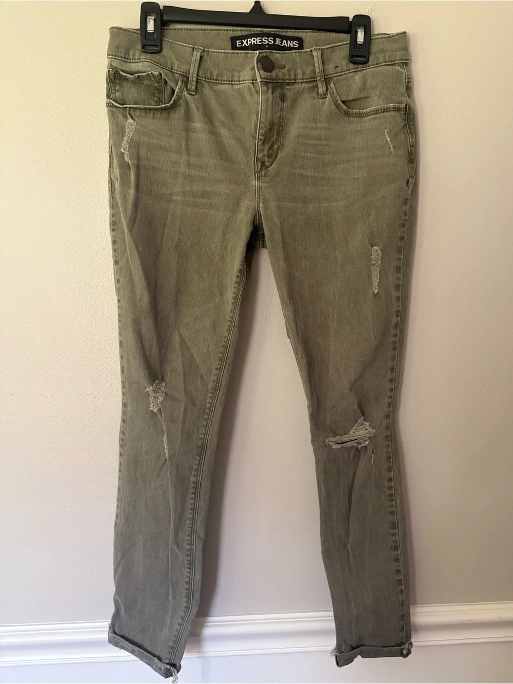 Express Olive Green Ankle Legging Midrise Jeans Cotton Blend And Distressed